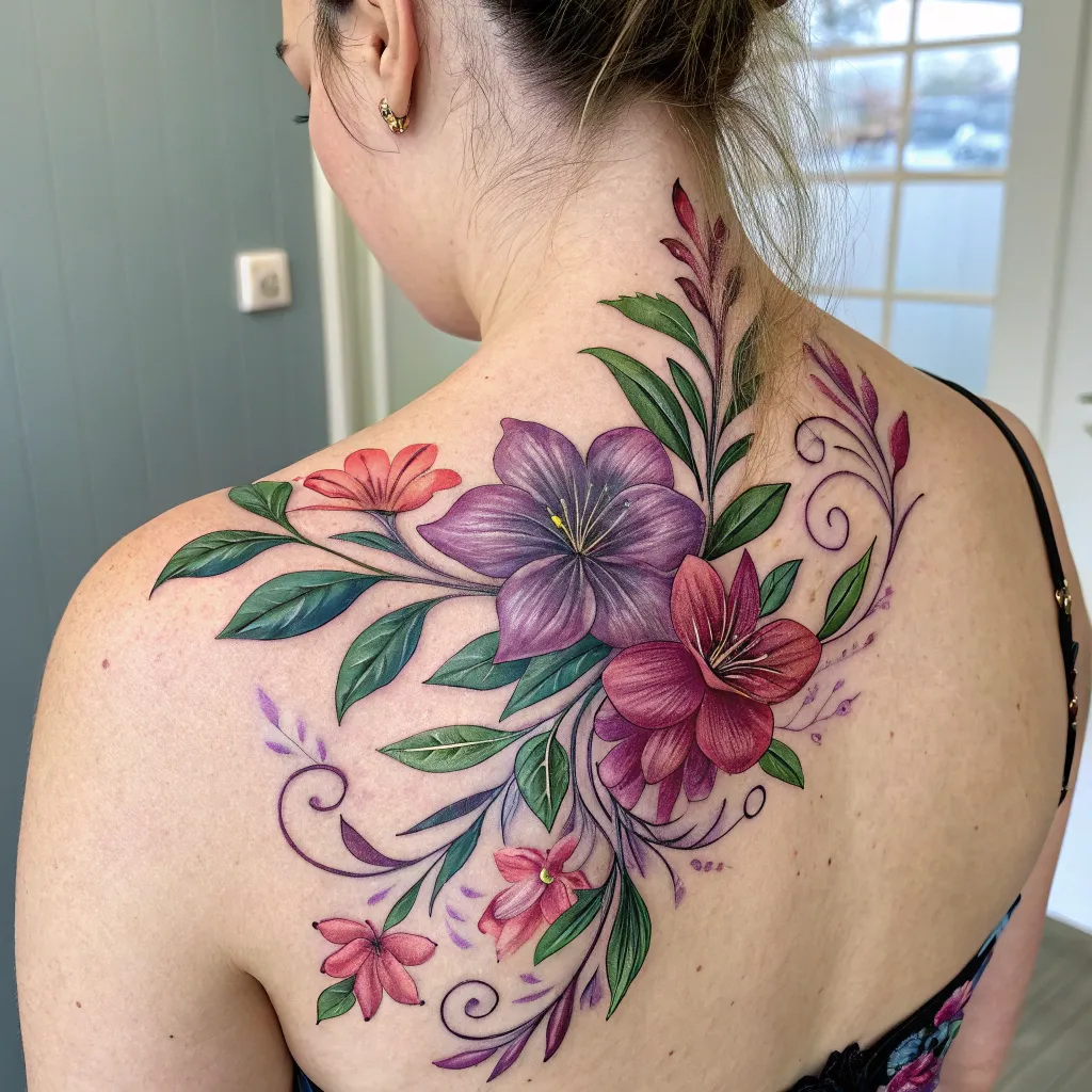 A beautiful floral tattoo on a customer's back