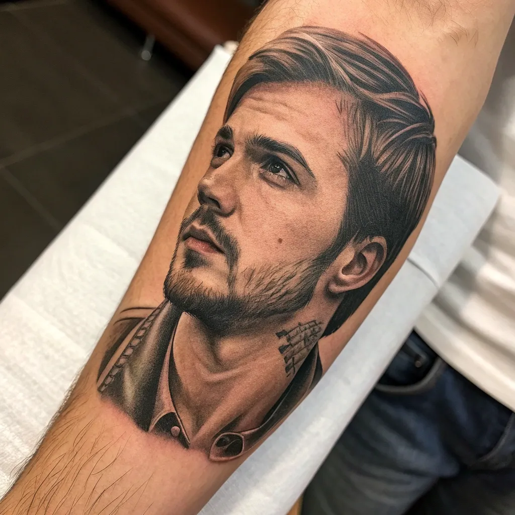 Portrait tattoo on a customer's forearm